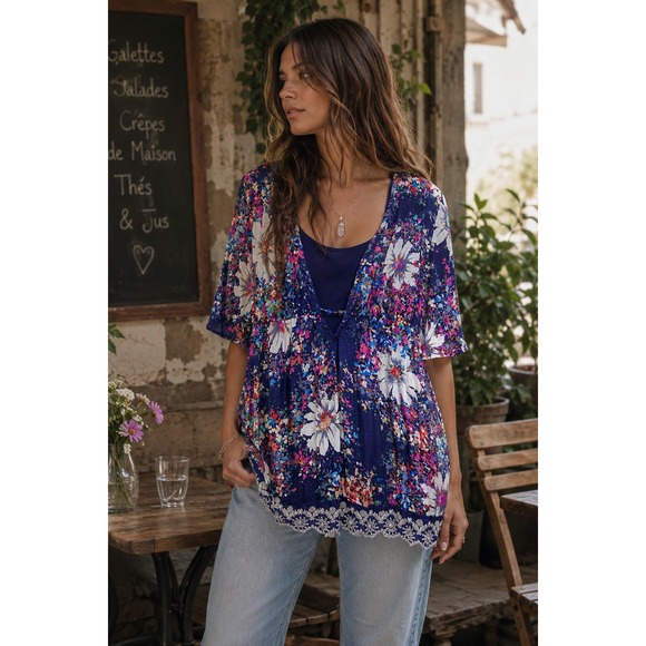 Uniform John Paul Richard Tops - John Paul Richard 2 Pc Floral Lace Trim Tunic Top & Cami Mini Dress Purple Large